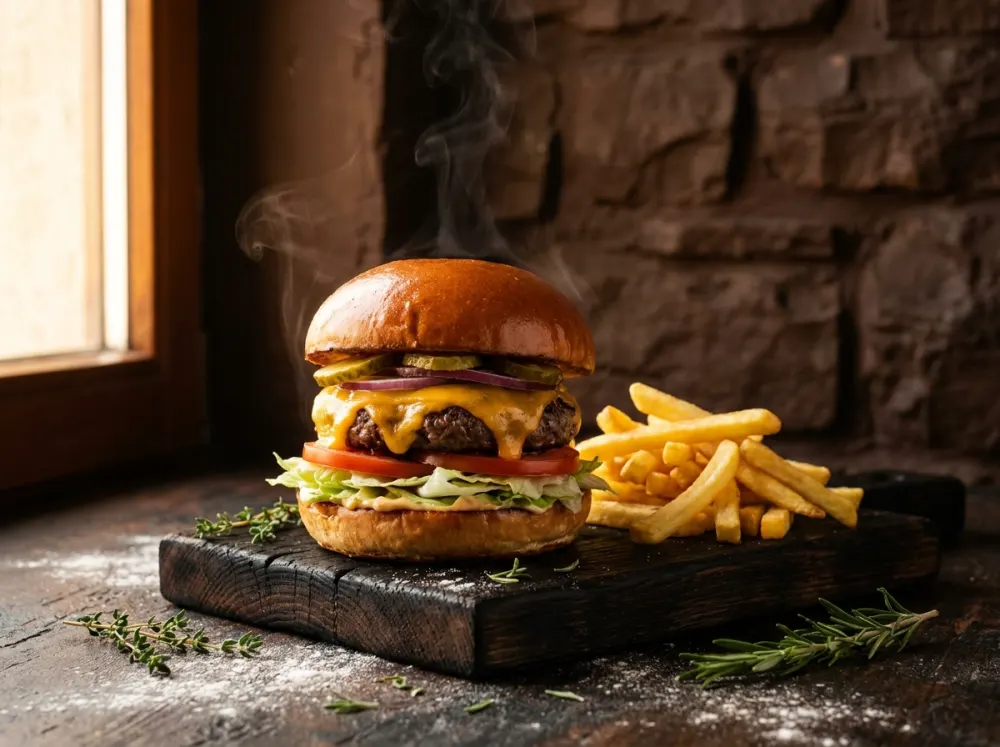 Cheeseburger med pommes frites