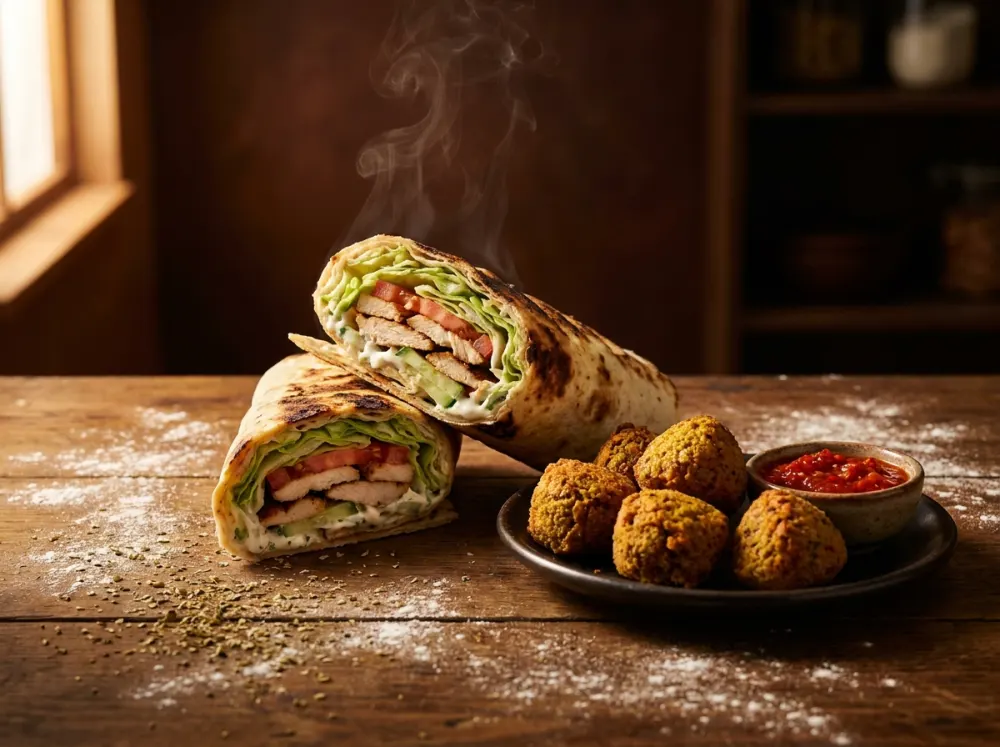 Rulle med kyllingekebab og falafel